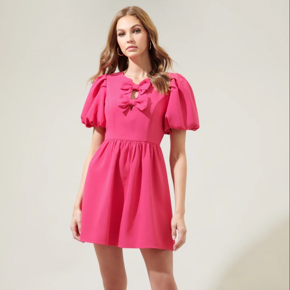 Sugarlips Hot Pink Bow Tie Mini Dress Bubble Hem Magenta